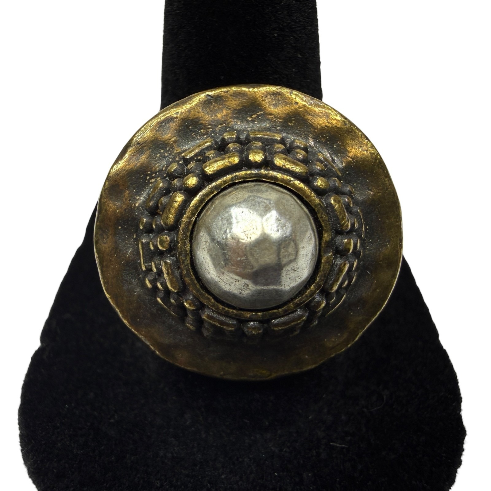 Bold Hammered Twotone Statement Ring Jewelry Rustic Bronze Silver Tone 75